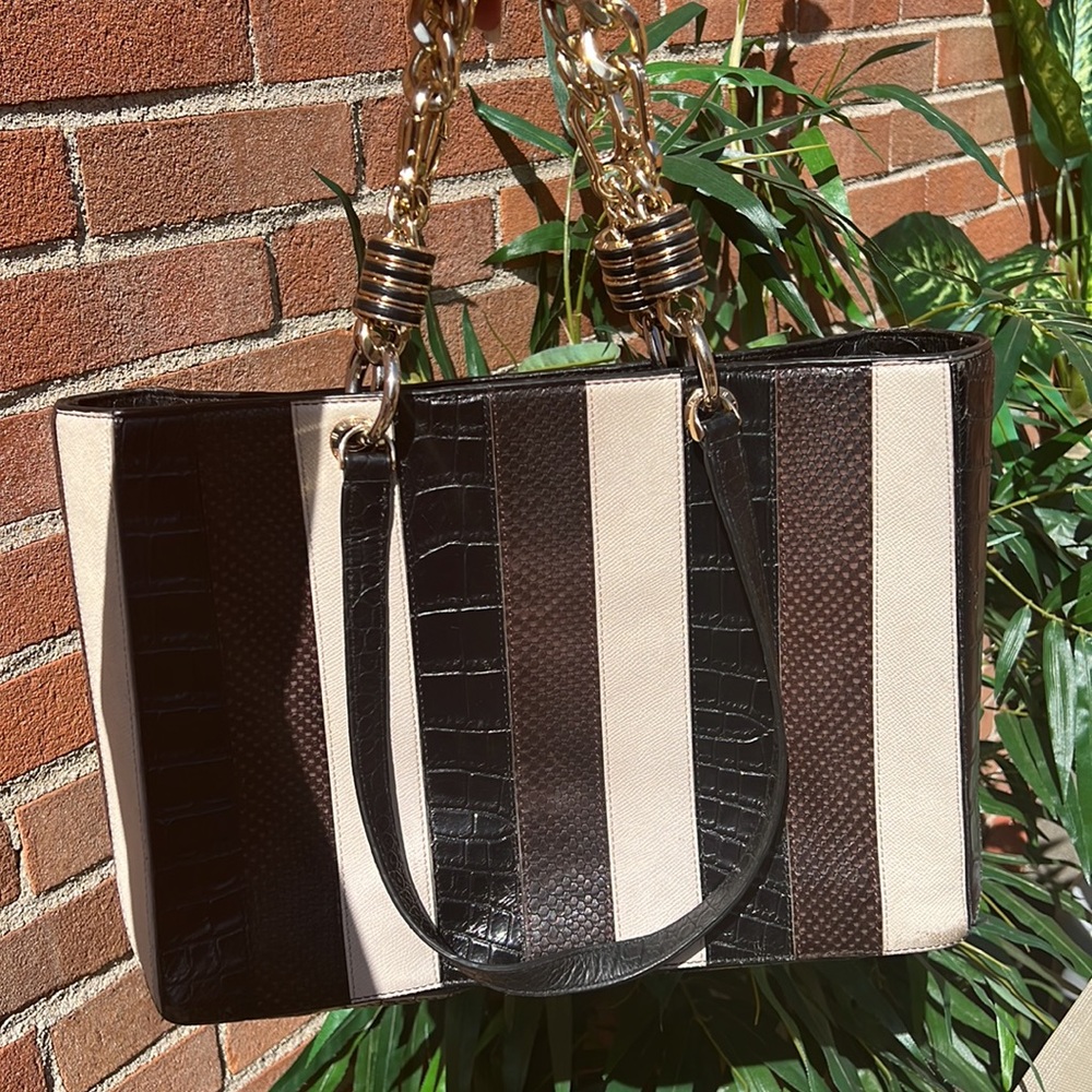 Henri Bendel multi textured striped satchel with chain link accents